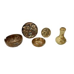 Japanese Satsuma gourd shape vase with gilt flowers and character mark to base H16cm, Satsuma plate D18cm with seal mark, Millefleur bowl and two other pieces (5)