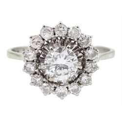 18ct white gold round brilliant cut diamond cluster ring, the central diamond of approx 0.50 carat, with halo diamond surround, total diamond weight approx 0.80 carat, stamped 750, boxed
