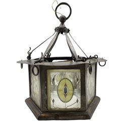 Arts & Crafts hexagonal copper lantern with six encased glass and wire work panels, D41cm 