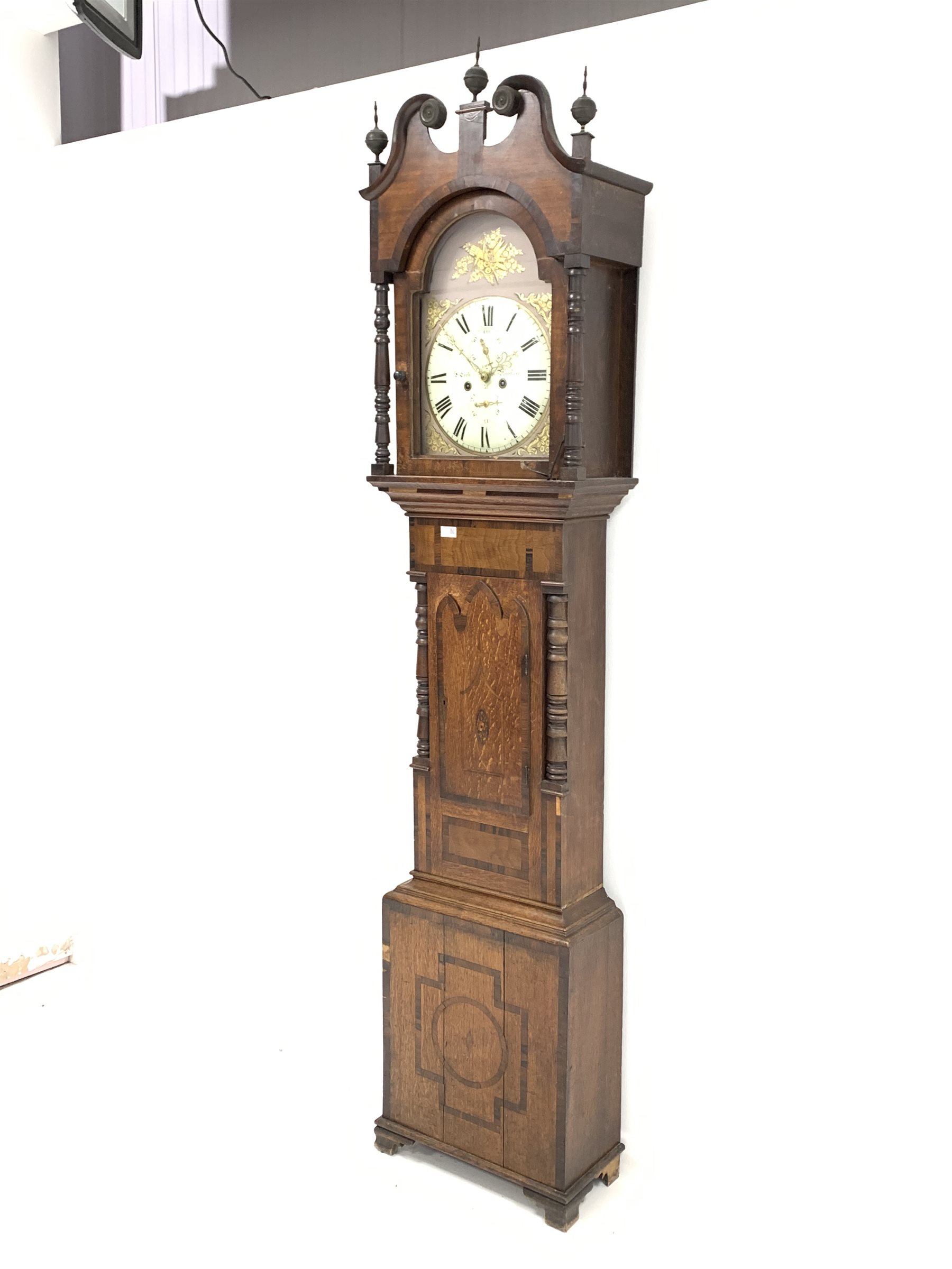 Ds Early To Mid 19th Century Longcase Clock The Oak Case With Three Brass Ball Finials Over