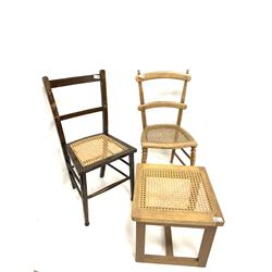 Two beech side chairs with cane seat panels, together with an oak framed stool with cane seat panel