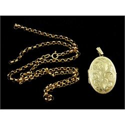 9ct gold locket pendant, with bright cut decoration and a 9ct gold belcher link chain necklace