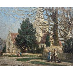 Albert Ernest Bottomley (British 1873-1950): 'The Church - Brockham Green Surrey', oil on board signed and titled 49cm x 60cm