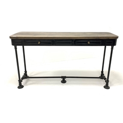 Industrial style metal console table with hardwood top, two drawers and finished in matt black, W148cm, H82cm, D42cm