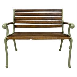 Cast iron and wooden slatted garden bench, green finished ends with scrolling decoration 