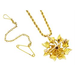Edwardian 15ct gold pearl flower pendant / brooch, on a 12ct gold rope link chain necklace