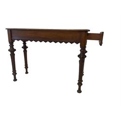 Late 19th century oak console table, rectangular top with canted corners and moulded edges over shaped rail, fitted with single drawer to side, raised on globular carved and twist turned supports