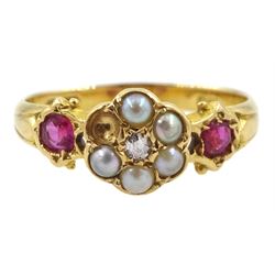 Early 20th century diamond and split pearl cluster ring, with a single ruby set either side, hallmarked 18ct, maker's mark S.B&SLD probably S Blanckensee & Son Ltd