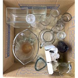 Box of assorted table glass, crocus vases, carafe etc