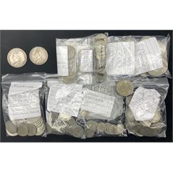 Queen Victoria 1889 crown and 1889 double florin, King Edward VII 1907 half crown coin, approximately 1670 grams of pre 1947 Great British silver coins and three post 1946 half crown coins