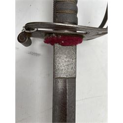 Victorian Queens Westminster Rifles officers sword with engraved blade inscribed 'Brissenden, London', wire wound fish skin grip, Gothic steel hilt, blade length 81cm
