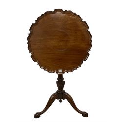 Georgian design tilt-top tripod table, circular top with moulded pie crust edge, raised on turned and carved vasiform pedestal, cabriole supports on ball and claw feet