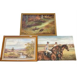 Nickevane (British 20th century): Jockeys and Race Horses, oil on canvas signed together with oil on board of pheasants and oil on board of sheep on the moors max 50cm x 35cm (3)