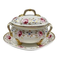 Early 19th century Bloor Derby two handled sauce tureen with cover and stand painted with roses, floral sprays and gilt and on gilt paw feet W21cm 
