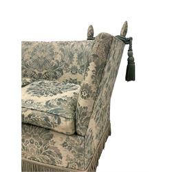 Feather filled knole-style sofa, upholstered in floral blue fabric with drop sides and two squab cushions 
