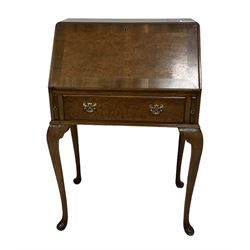 Queen Anne design figured walnut bureau, fall-front with cross-banded facia, over single drawer, raised on cabriole supports