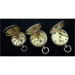 Three early 20th century silver cylinder ladies pocket watches and a silver tapering watch chain with fob
