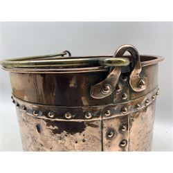 Victorian copper log bucket, riveted cylindrical form body and brass swing handle, H32cm x D33cm 
