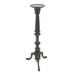 Early 20th century mahogany Gothic torchere, circular top sat upon foliage carved, reeded and fluted column, three outsplayed supports, top diameter - 24cm, H107cm