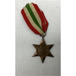 WWII War medal, Italy Star, 1939-45 Star, Royal Marines badge, certificate to Marine R L Clark, Royal Marines and a photograph of Royal Marines H.O. 121 Squad