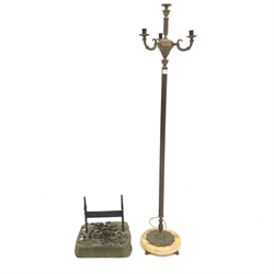 Early 20th century cast brass three branch standard lamp, with reeded column on circular marble base, (H140cm) together with a cast iron boot scraper, (W32cm)