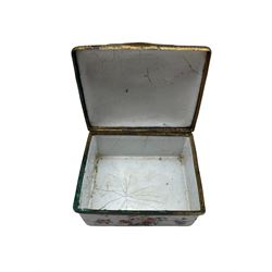 19th century French enamel box, the hinged cover decorated with figures in a romantic landscape, the base with sprays of flowers, gilt metal mounts 8.5cm x 7cm x 4cm 