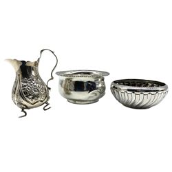 Late Victorian embossed silver cream jug by Minshull & Latimer, bead edge silver sugar bowl and one other 8.7oz (3)