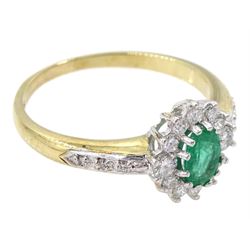 9ct gold oval emerald and round brilliant cut diamond cluster ring, with diamond set shoulders, hallmarked