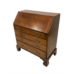 Early 19th century mahogany bureau, fall-front enclosing fitted interior, over four graduating drawers, lower moulded edge om bracket feet