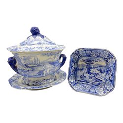 19th century Brameld blue and white transfer printed soup tureen and stand decorated in the 'Castle of Rochefort' pattern, L34cm together with a 19th century transfer printed square dish in the 'Italian Scenery' pattern (2)