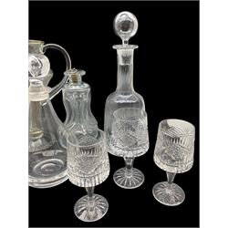 Waterford 'Colleen' pattern cut glass decanter with associated stopper; Holmegaard style Kluk decanter; set of four Tyrone 'Slieve Donard' pattern cut glass goblets with two smaller; with three other glass decanters