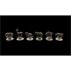 Set of six silver-plated place card holders in the form of Animals, including a Lion, Rhinoceros, Alpaca, Tiger, Wildebeest and Antelope H3cm max (6)