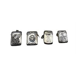 Sterling silver vesta case with embossed golfer, another with horseshoe and bit Birmingham 1906, another with a dogs head Sheffield 1897 Maker William Neale and another engraved with a figure of a soldier Birmingham  1899 Maker Tandy & Sons (4)