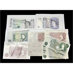 Bank of England notes including twelve Page one pounds of various designs, ten shilling banknotes, five Lowther five pounds and two Bailey twenty pounds