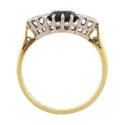 18ct gold three stone tourmaline and round brilliant cut diamond ring, stamped