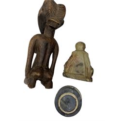 Indian carved wood female figure, H17cm, an African figure, African carved bowl, scroll holder, green hardstone Buddha and other items