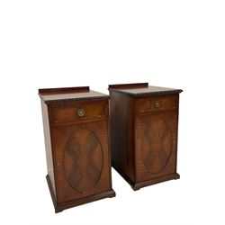 Pair of mahogany pedestals, the raised back and moulded edge over one drawer and cupboard door, raised on bracket supports 