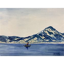M E Houlton (British 20th century): 'Sunset Rijeka - Yugoslavia'; 'The Rock - Gibraltar' and 'The Coast of Yugoslavia', set three watercolours signed, labelled verso 24cm x 35cm (3)