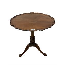 Georgian design tilt-top tripod table, circular top with moulded pie crust edge, raised on turned and carved vasiform pedestal, cabriole supports on ball and claw feet