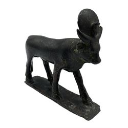 Ptolemeic period Egyptian bronze Apis Bull, with sun disk with uraeus between his horns, the body with incised details including a winged scarab, blanket and collar, later rectangular base, L9cm, H9cm, D2.5cm