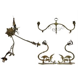 French brass three branch ceiling light H42cm, pair of French brass wall sconces with foliate design and with gas taps and a two branch fitting