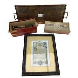 Early 20th century copper twin handled tray L61cm, framed poem and a boxed Clock Golf set 