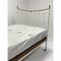 Early 20th century iron and brass 4' 6'' double bedstead, curved brass rails and urn shaped finials, with Laura Ashley 'Eversham' sprung mattress, total width - 138cm