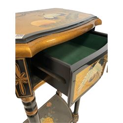 Chinese style lamp or side table, black and gilt finish, decorated with birds in landscape