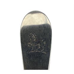 A rare Scottish provincial Celtic Point pattern table spoon, the terminal engraved with a crest of a horse by Robert Robertson of Cupar (1815-1877) marked with a fleur de lys, thistle, date letter D and maker's mark RR struck twice L22cm 