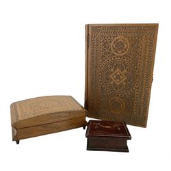 20th century chip carved box in the form of a book, L23cm, Italian inlaid musical box and a mahogany stamp box with painted cover (3)