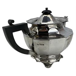 Edwardian silver three piece tea set of panel sided circular form, the teapot with blackwood handle and lift, engraved with initials Sheffield 1901 Maker Fenton Bros. Ltd  
