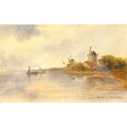 Thomas 'Tom' Dudley (British 1857-1935): River Landscape with Windmills, watercolour signed 15cm x 24cms
