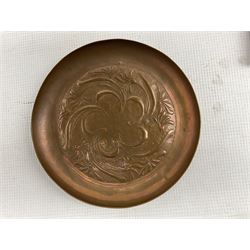Keswick School of Industrial Art rectangular copper tray embossed with stylised flowers 19cm x 12cm and a Keswick copper circular tray D17cm (2)