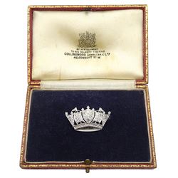 Mid 20th century platinum diamond coronet brooch, in Collingwood velvet and silk lined box 
